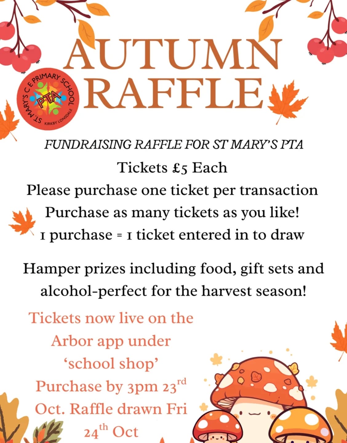 What a great opportunity to support our PTA. Please pop onto your Arbor App and get a ticket asap. #raffle.