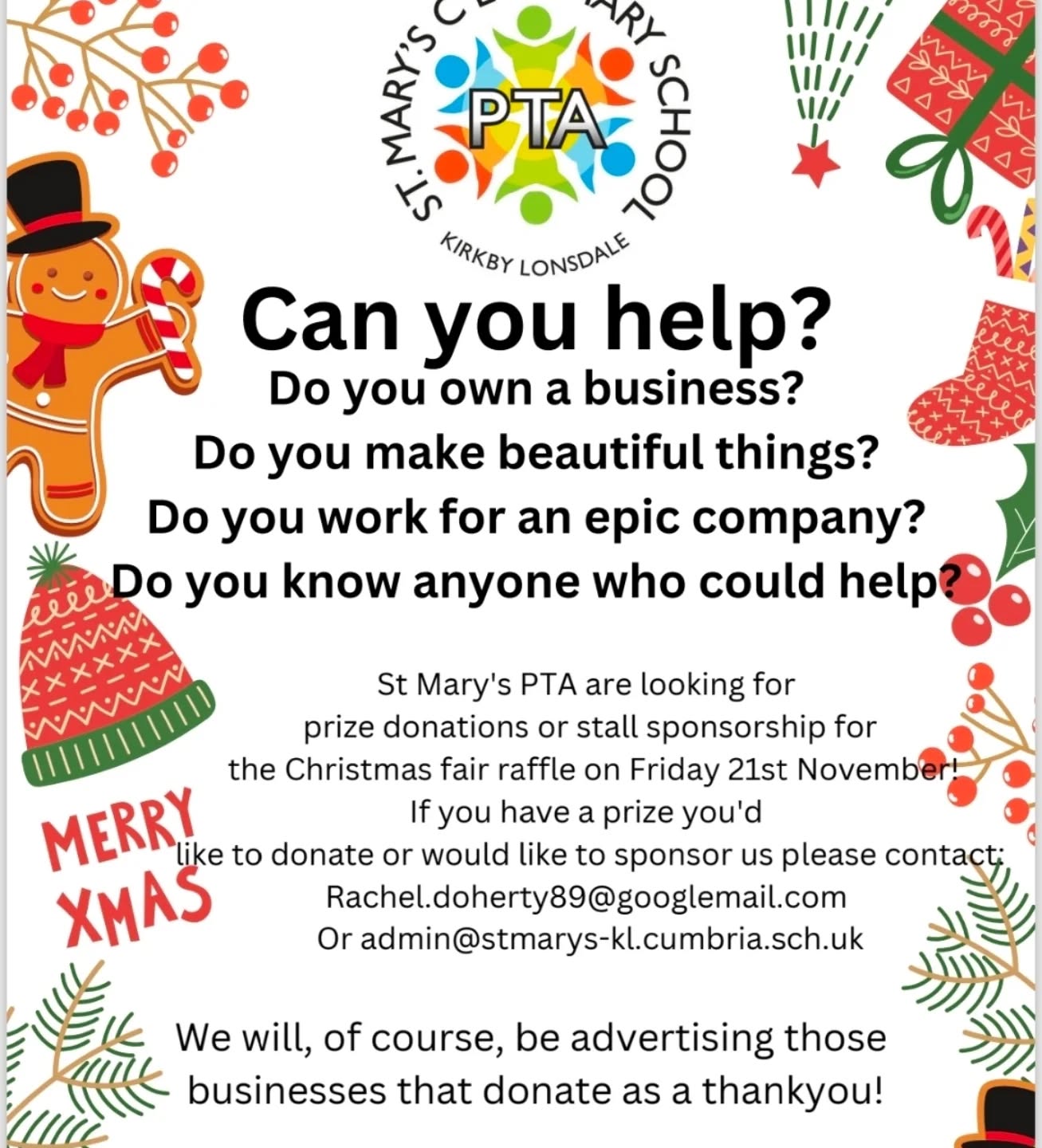 We would love you to support our PTA in raising funds for our children. Our Christmas Fair is an extremely popular event and our raffle is really supported in the community. Please donate if you can, every donation large and small makes our Christmas fund raising a success for our children. #donate #support #christmas #kirkbylonsdale #gratitude
