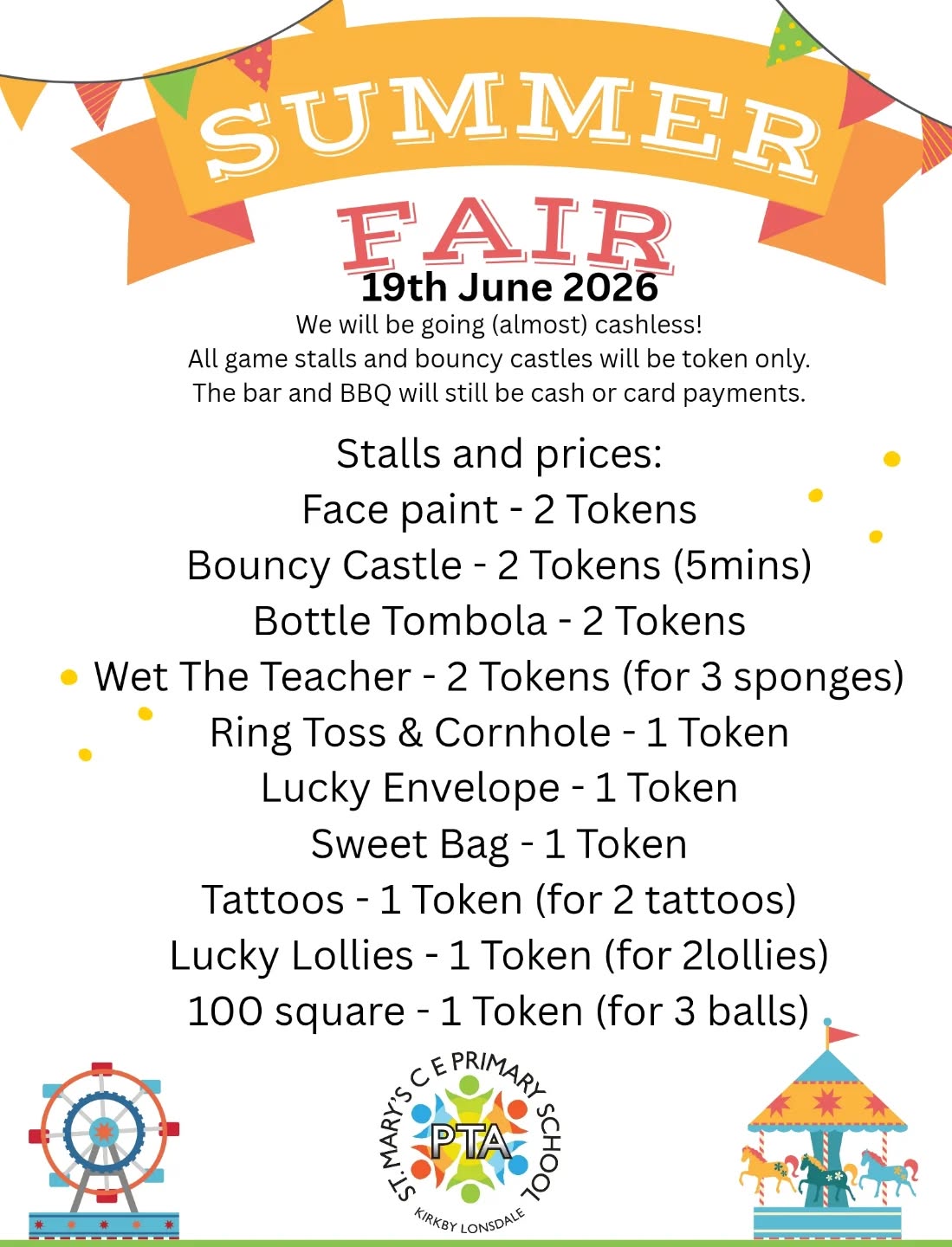 We are so looking forward to our PTA Summer Fair. Please get your tokens for the stalls this week via Arbor..